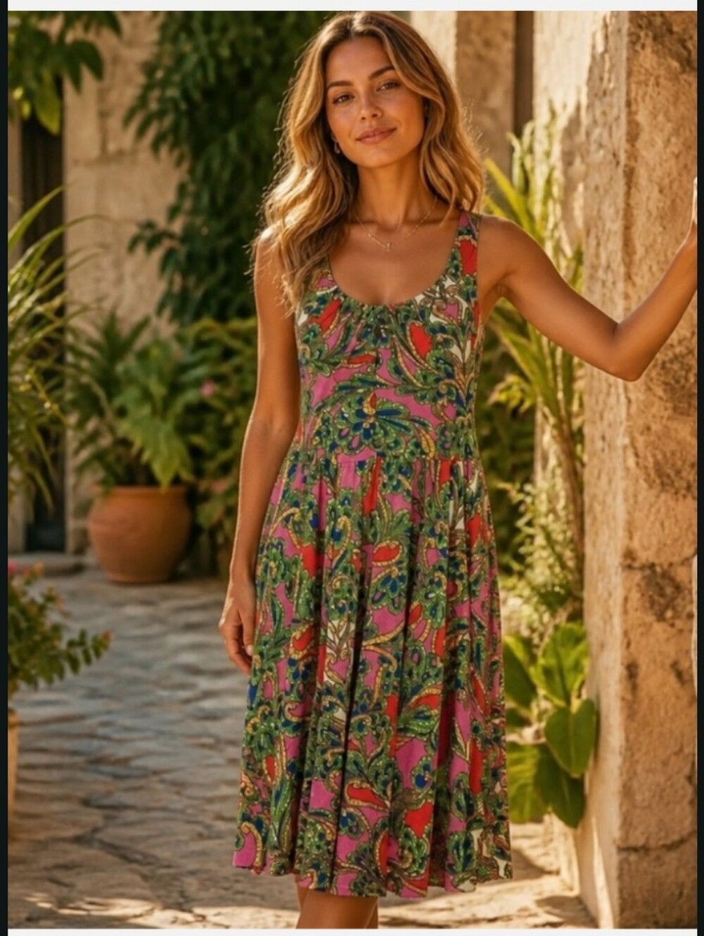 Anthropologie Pink & Green Paisley Scoop-Neck Midi Dress